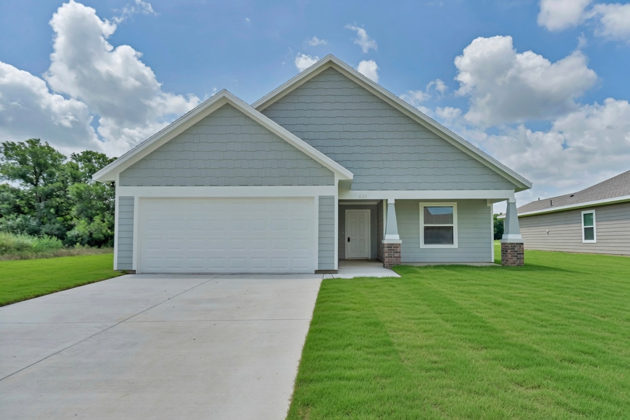 Gray H2 Habitat home exterior with white garage door, covered entry, and green lawn
